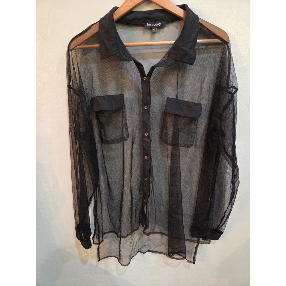 Ups & Downs Black Sheer Mesh Button Down Long Sleeve Pockets XL Blouse Woman